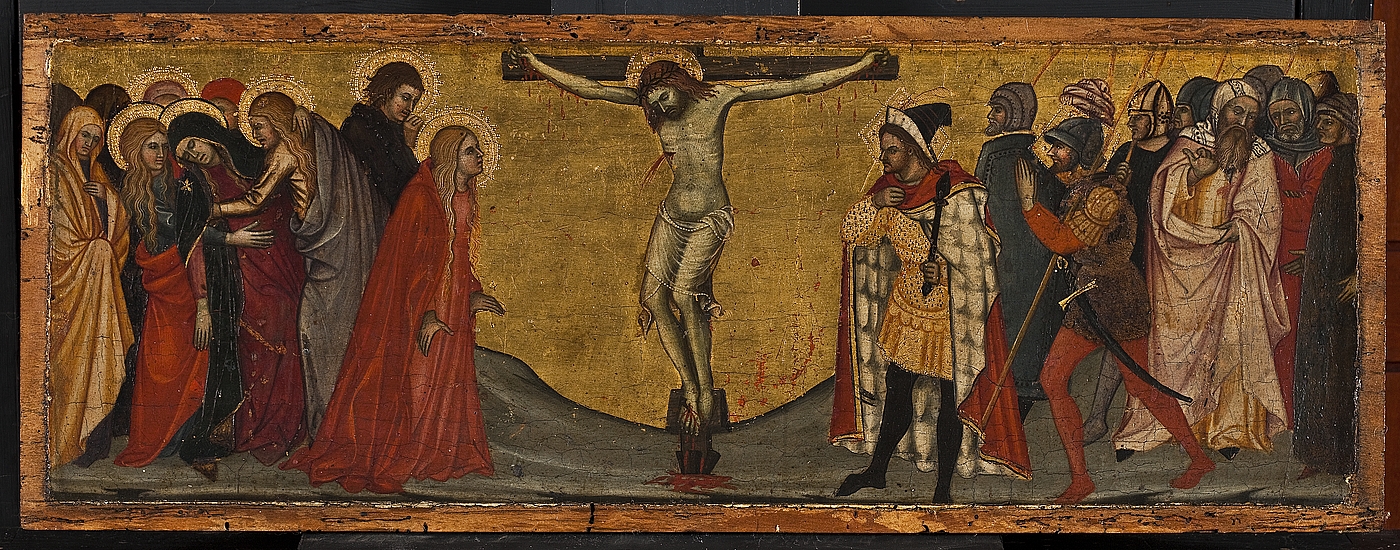 Predella med fremstillinger af Kristus i Gethsemane,  Korsfæstelsen, Opstandelsen, Maria Magdalena og Sankt Catharina