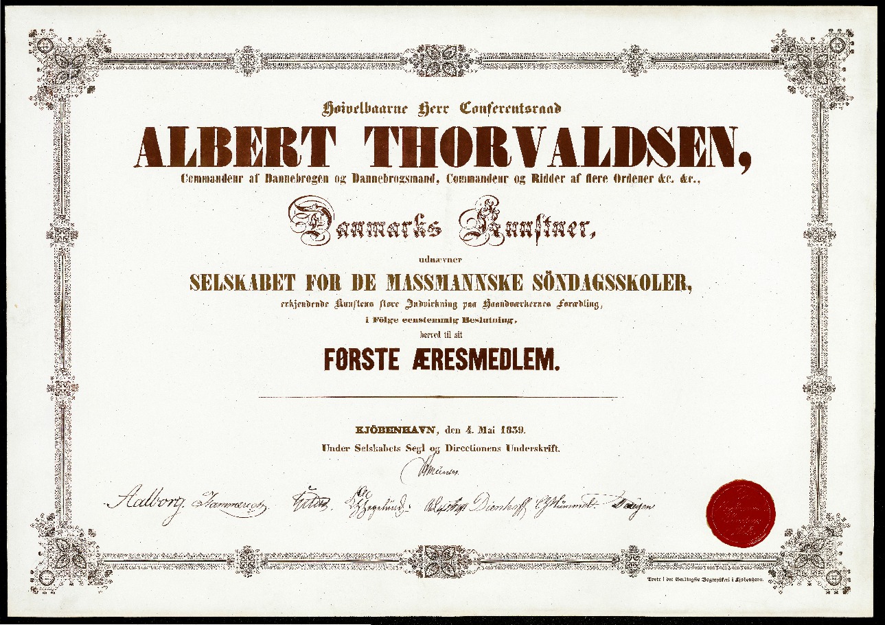 Thorvaldsens æresdiplom fra de Massmannske søndagsskoler 