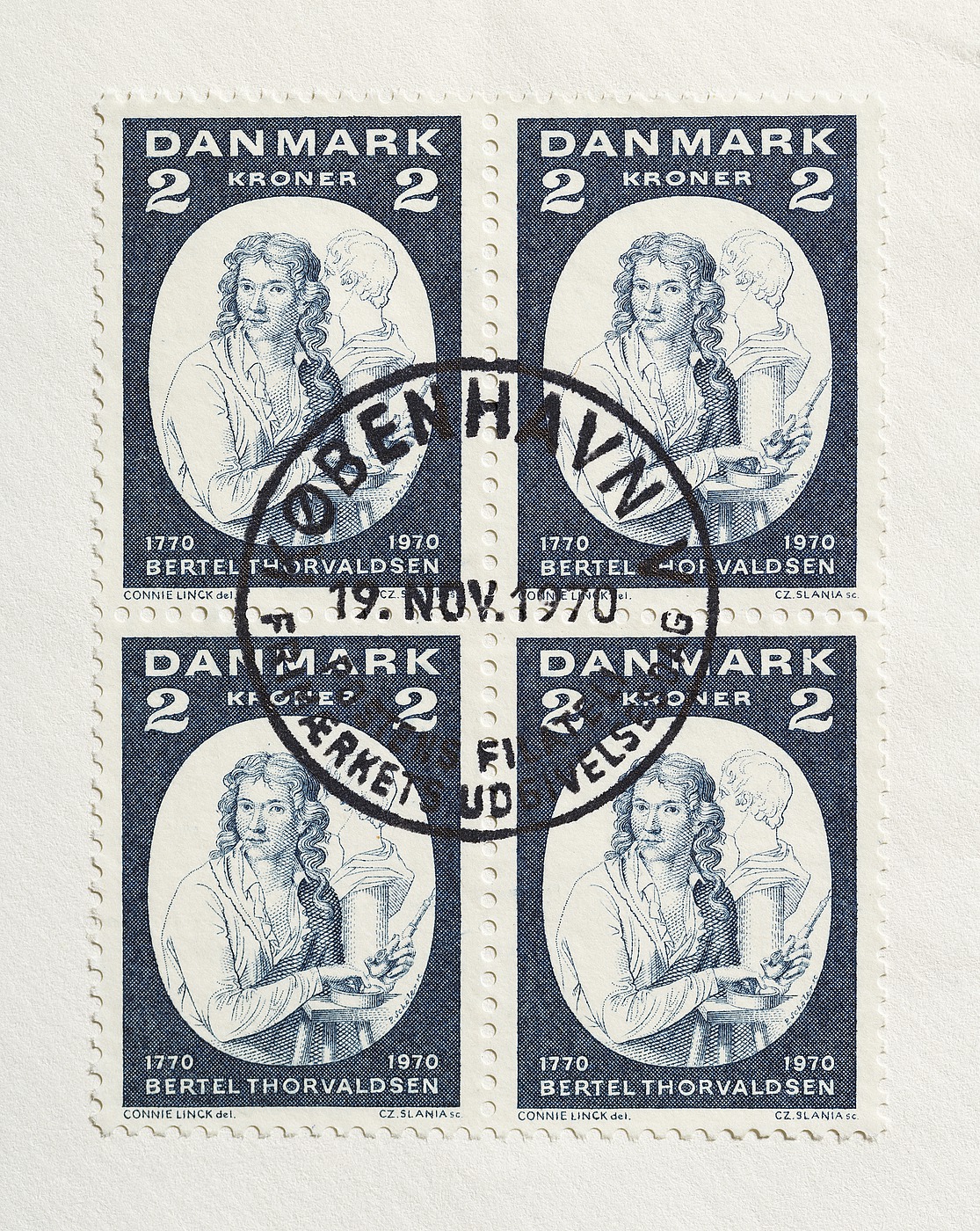 Førstedagskuvert med en firblok af Thorvaldsen-frimærket udgivet på billedhuggerens 200-års fødselsdag, 19.11.1970