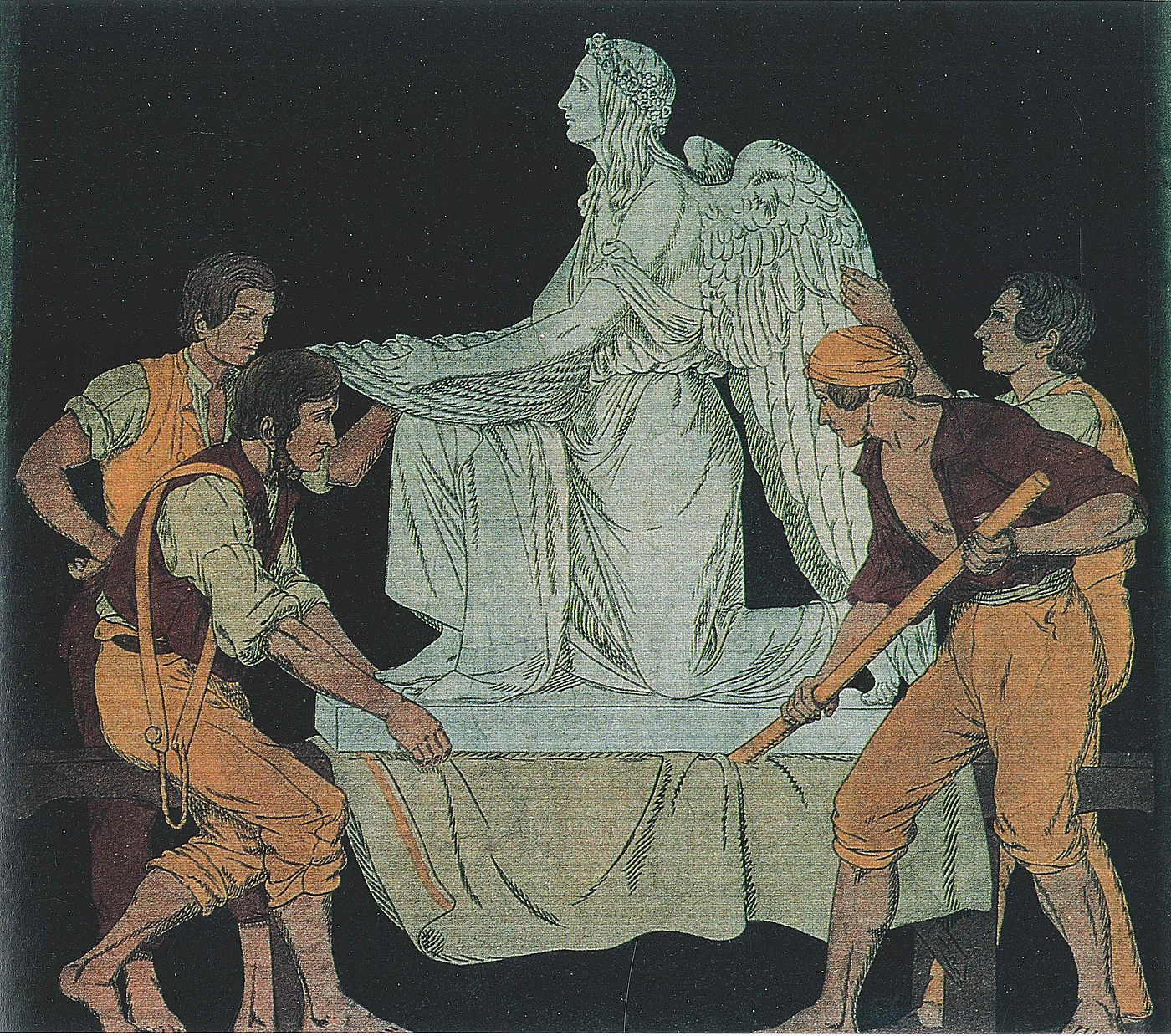 Jørgen Sonne: Fire arbejdsmænd med statuen Dåbens engel knælende på en bærebør, 1846-1848