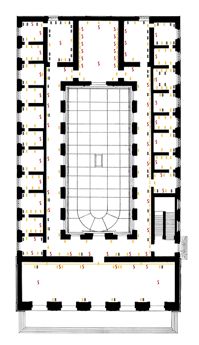 Grundplan af Thorvaldsens Museum, stueetagen, med opstillingen af Thorvaldsens værker angivet