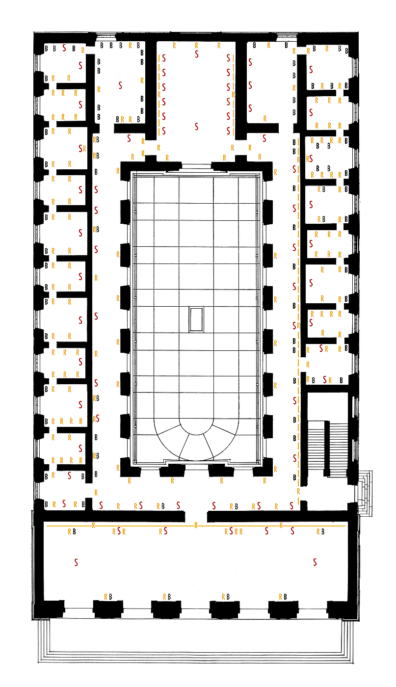 Plan of Thorvaldsens Museum, ground floor. The location of each of Thorvaldsen’s works is indicated. Black B for portrait bust, red S for statue and yellow R for relief.