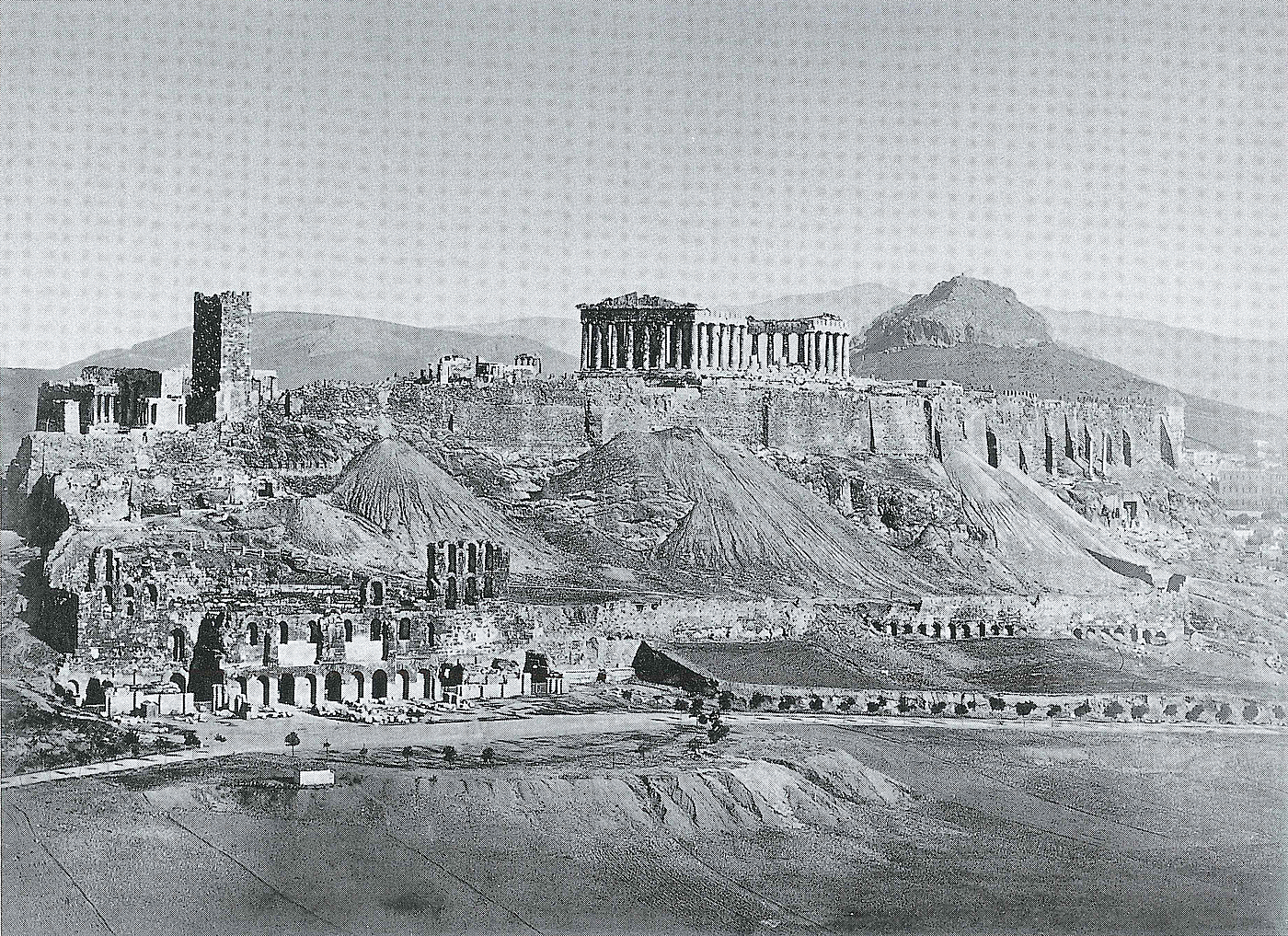 Dimitrios Constantinou: Akropolis set fra Mousein højen, i baggrunden Lykabettos, 1863-67