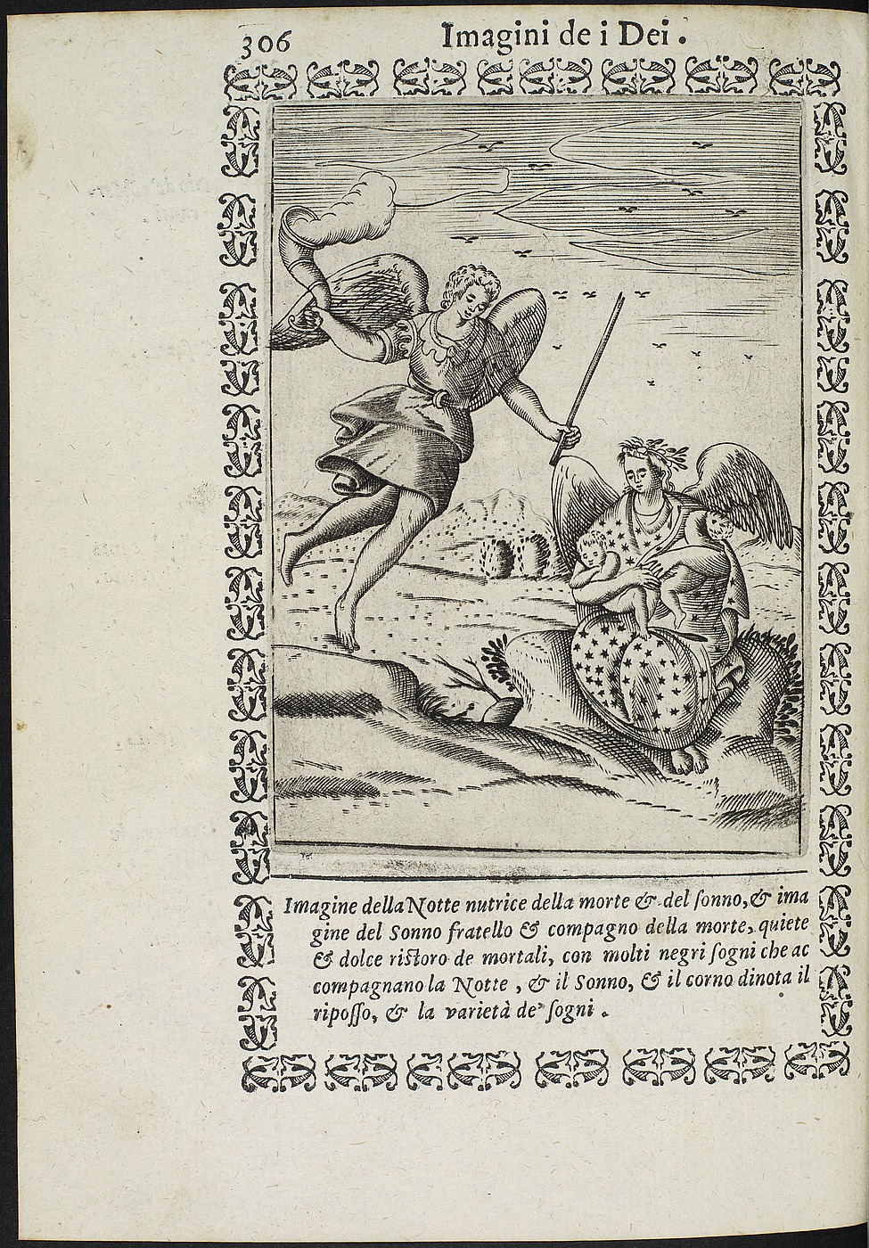 Bolognino Zaltieri: Nyx, Thanatos og Hypnos, side 306 i Vincenzo Cartari: Le imagini de i dei degli antichi, Padua, 1608