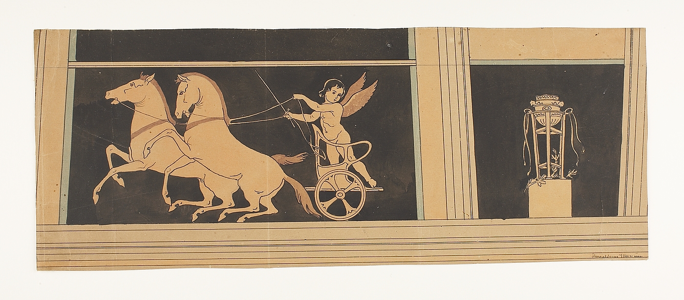 Amorin på vogn med dansende heste. Trefod