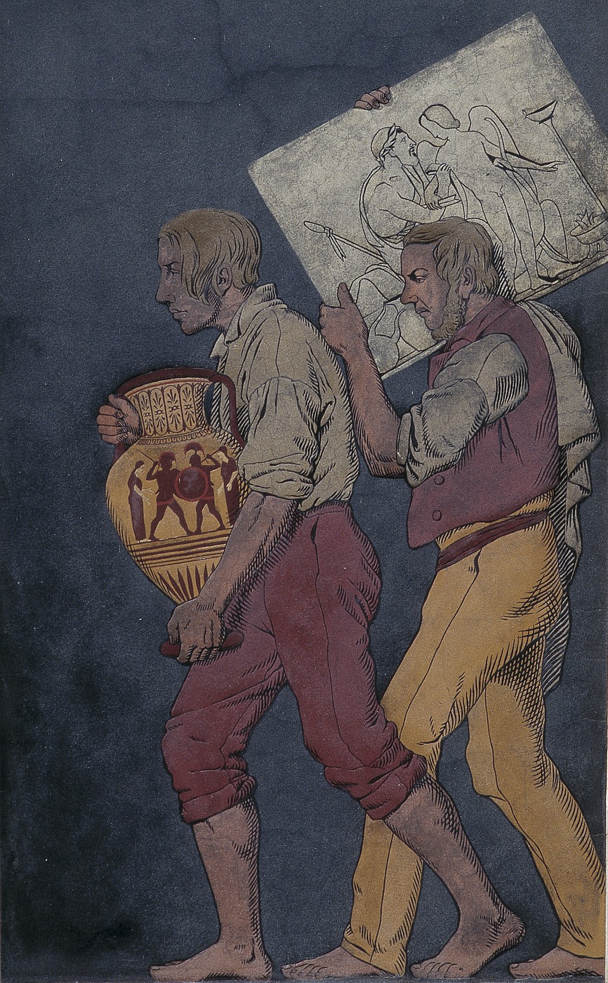 Jørgen Sonne: To arbejdsmænd bærer henholdsvis en amfora og relieffet Amor hos Anakreon, 1846-1848