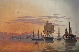 Fregatten Thetis og korvetten Flora på Tajofloden ved aftenbelysning