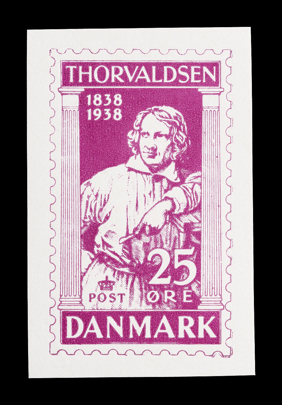 Prøvetryk af udkast til et dansk frimærke med Thorvaldsens portræt