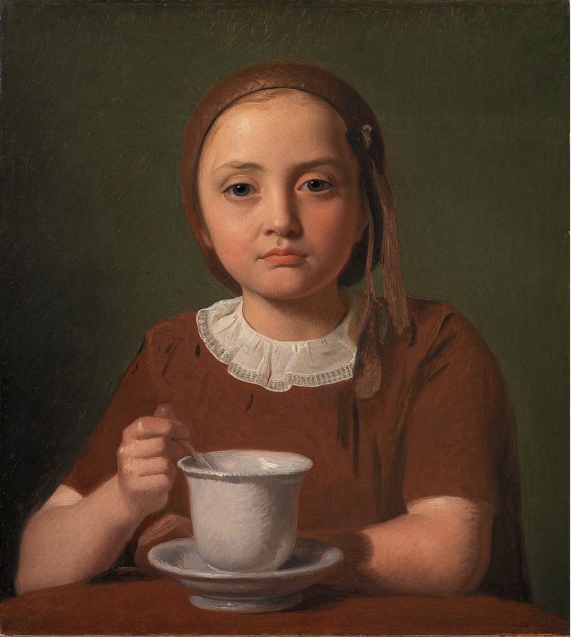 Constantin Hansen. En lille pige, Elise Købke, med en kop foran sig. 