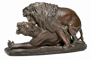 Carl Bonnesen: To løver, 1906, bronze, 16 x 31 x 15,5 cm, privateje, et eksemplar på Statens Museum for Kunst, inv.nr. KMS5603. Foto Bruun Rasmussens Kunstauktioner