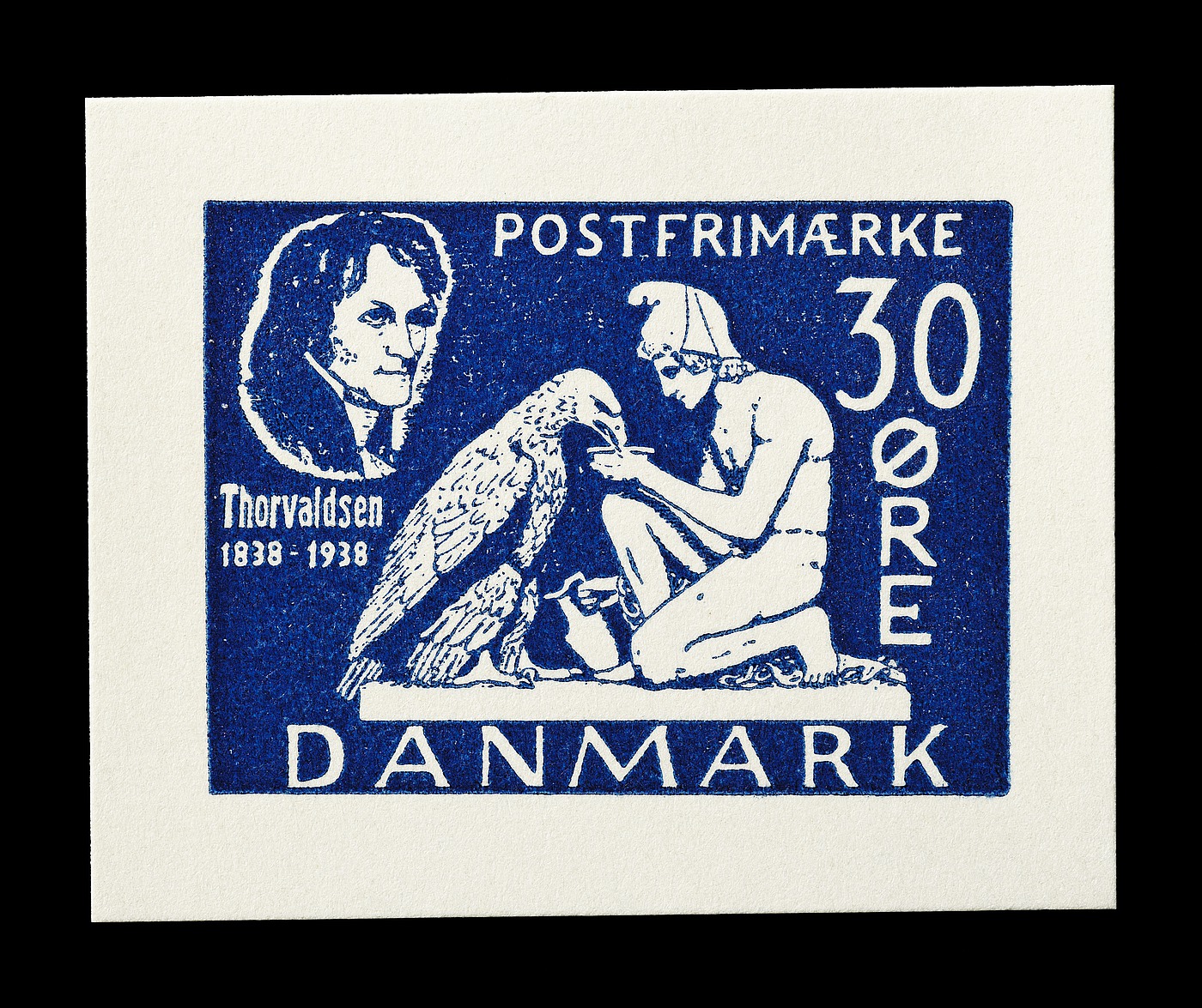 Prøvetryk af udkast til et dansk frimærke med Thorvaldsens Ganymedes og ørnen