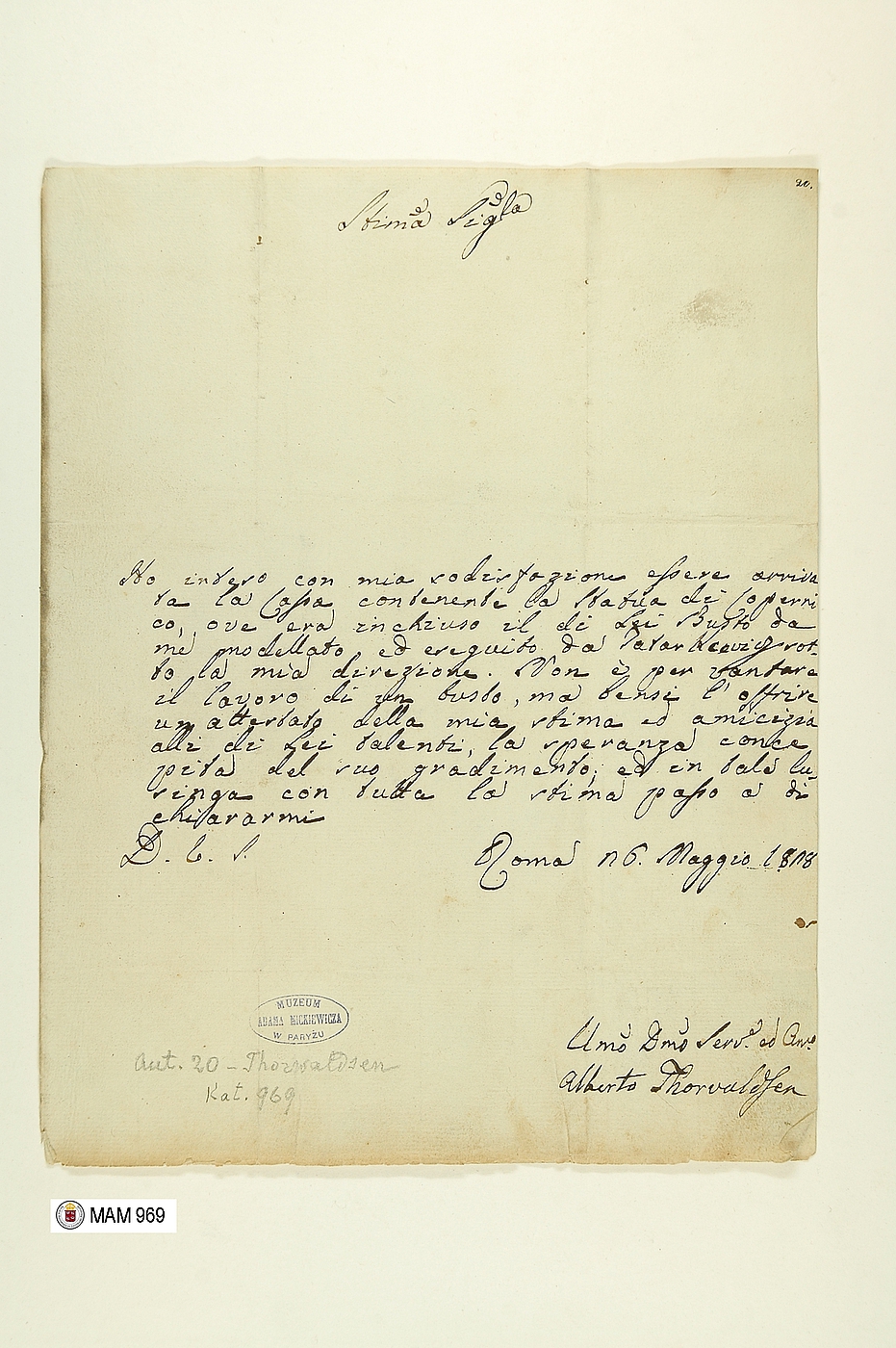 Bertel Thorvaldsen: Brev til Maria Szymanowska af 26.5.1828. Bibliothèque Polonaise de Paris.