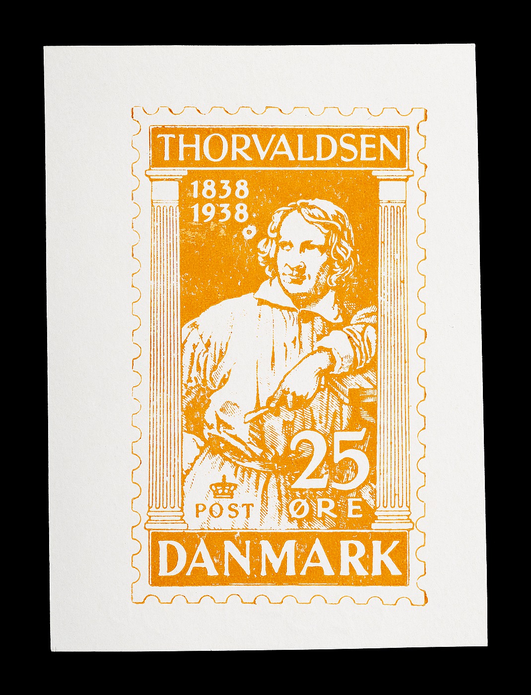 Prøvetryk af udkast til et dansk frimærke med Thorvaldsens portræt
