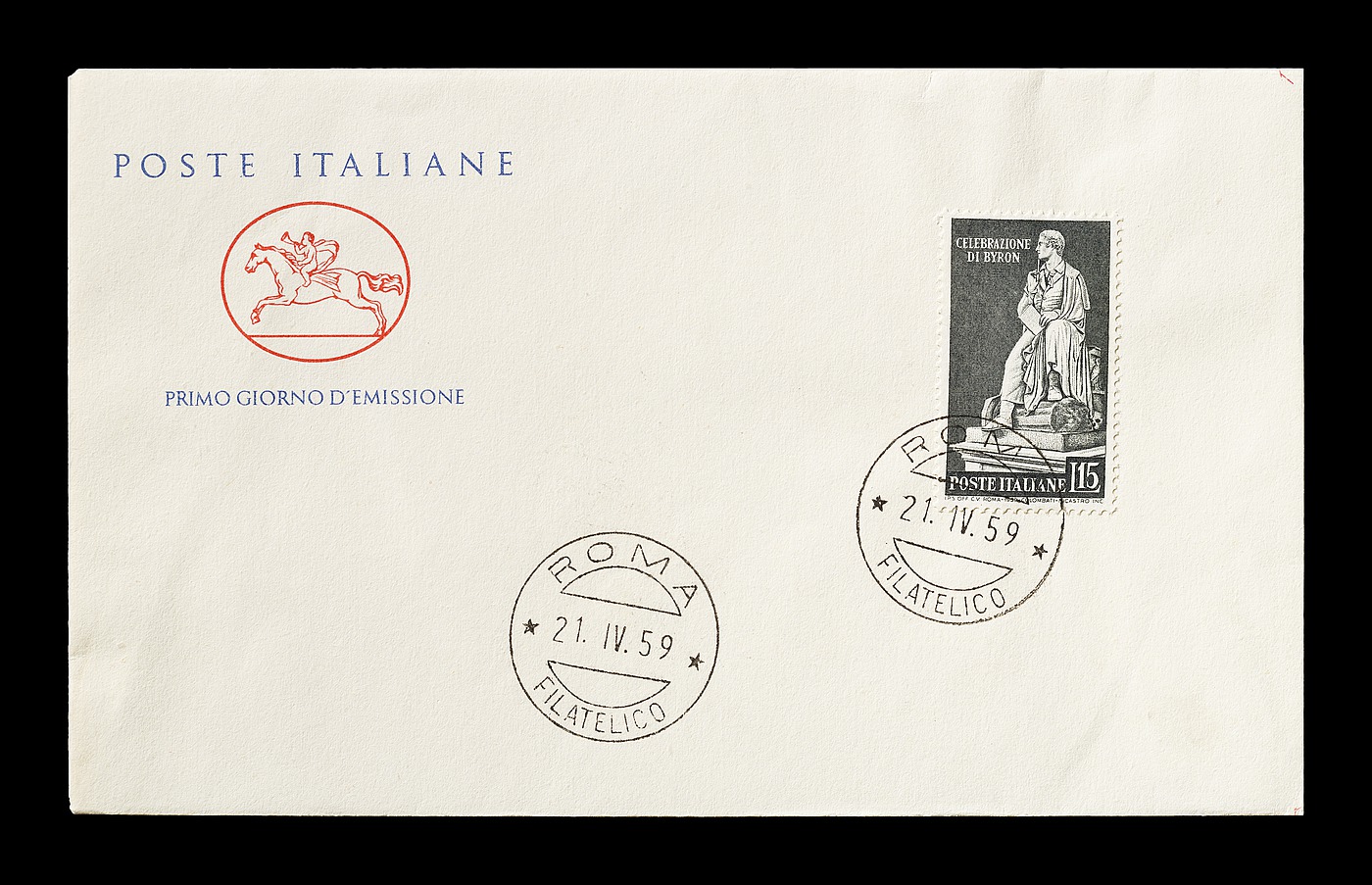 Førstedagskuvert med italiensk frimærke med Thorvaldsens statue af George Gordon Byron