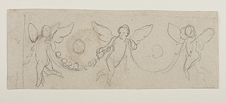 Tre svævende engle med blomsterranker som guirlander
