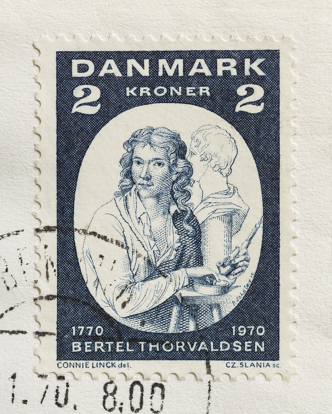 Førstedagskuvert med Thorvaldsen-frimærker på billedhuggerens 200-års fødselsdag, 19.11.1970