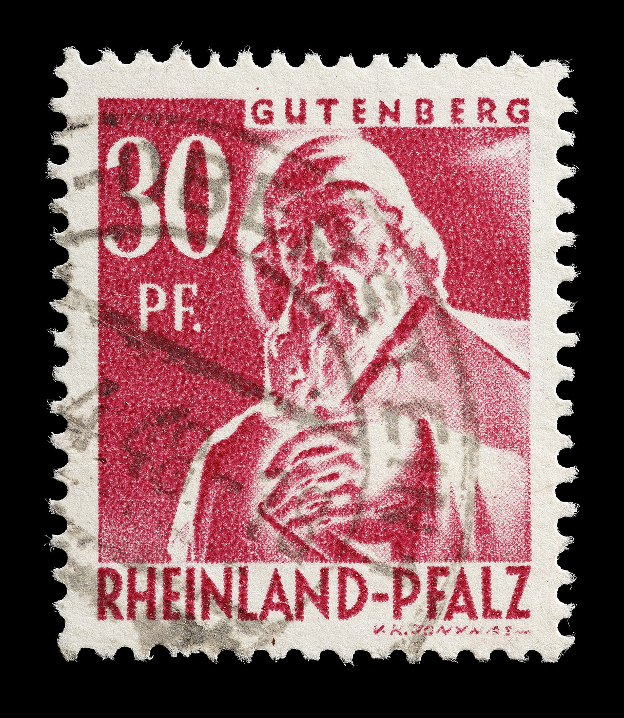 Frimærke udgivet i den franske besættelseszone, Rheinland-Pfalz med Thorvaldsens statue af Johann Gutenberg