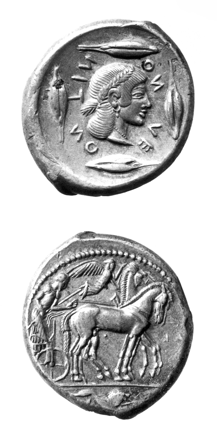 Tetradrachme fra Leontini med vogn trukket af to heste (obvers) og kvindehoved (revers). Græsk