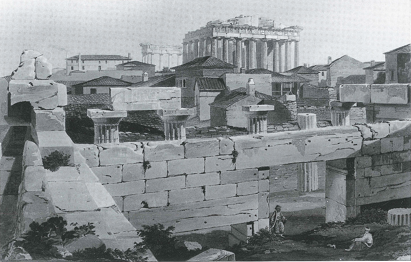 Edward Dodwell: Akropolis plateauet med Parthenon og nyere tids bebyggelse set fra Propylceerne, Athen, 1821