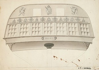 C. W. Eckersberg: Fregatten Bellona. Udkast til agterspejl, dateret Juli 1830, tusch og lavering, 27 x 39 cm, privateje. Foto: Bruun Rasmussen Kunstauktioner