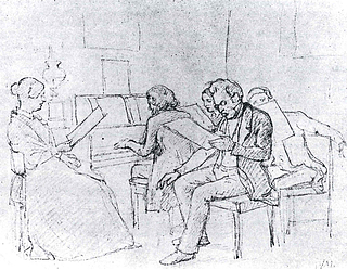Wilhelm Marstrand: A group singing, led by Henrik Rung at the piano, in the home of the painter Jørgen Roed in Copenhagen, c. 1848. Drawing. Private collection.