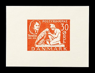 Prøvetryk af udkast til et dansk frimærke med Thorvaldsens Ganymedes med Jupiters ørn
