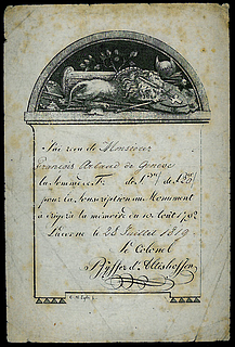 Subscription contribution receipt dated July 28, 1819, with an early sketch of the Lion monument