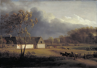 Jens Juel: Landskab med en bondegård, Eigaard ved Ordrup, under optrækkende uvejr, 1790’erne