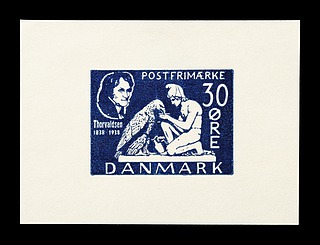 Prøvetryk af udkast til et dansk frimærke med Thorvaldsens Ganymedes med Jupiters ørn