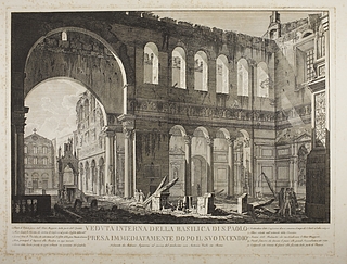 Veduta interna della basilica di S. Paolo pressa immediatiamente da polo il suo in cendio ( Det indre af San Paolo Fuori le Mura umiddelbart efter branden 1823 )