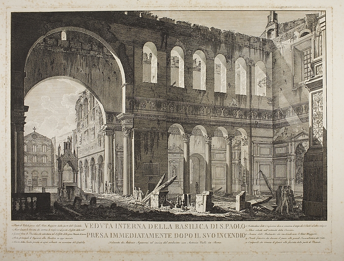 Veduta interna della basilica di S. Paolo pressa immediatiamente da polo il suo in cendio ( Det indre af San Paolo Fuori le Mura umiddelbart efter branden 1823 )