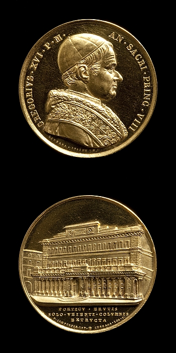 Medalje forside: Pave Gregor 16. Medalje bagside: Postkontoret på Piazza Colonna i Rom