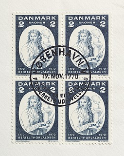 Førstedagskuvert med en firblok af Thorvaldsen-frimærket udgivet på billedhuggerens 200-års fødselsdag, 19.11.1970
