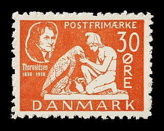 Prøvetryk af udkast til et dansk frimærke med Thorvaldsens Ganymedes med Jupiters ørn