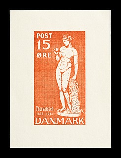 Prøvetryk af udkast til et dansk frimærke med Thorvaldsens Venus med æblet