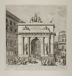 Arco trionfale che all'occasione del felicissimo ritorno nel giorno 24. Maggio 1814 alla sua Capitale del Sommo Pontifice Pio VII ( Pius 7.s triumferende indtog i Rom 24. maj 1814 )