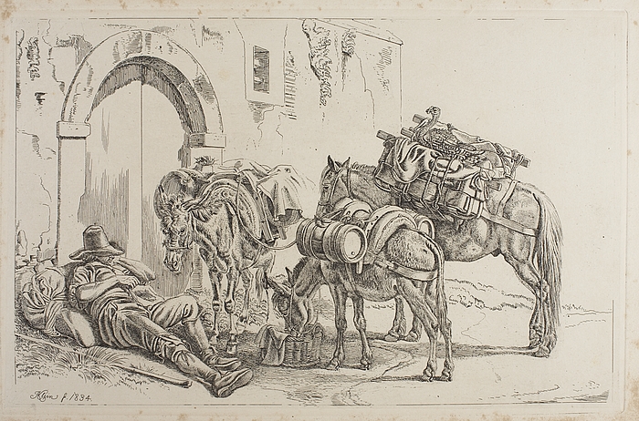 Sovende romersk bonde med hest og æsler