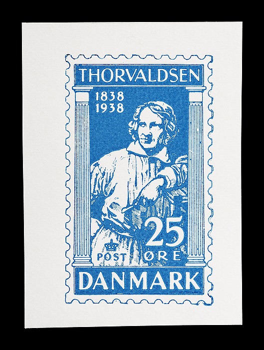 Prøvetryk af udkast til et dansk frimærke med Thorvaldsens portræt