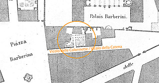 Kort fra Letarouilly med markering af værkstedskomplekset i Vicolo della Catena/Colonnette.