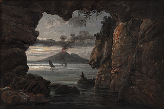 Bugten ved Napoli med Vesuv i udbrud set fra en grotte Bugten ved Napoli med Vesuv i udbrud set fra en grotte