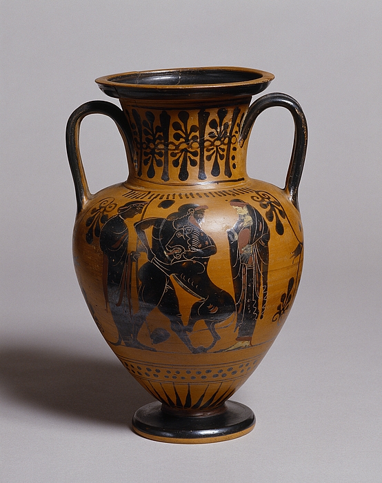 Amphora with Herakles and the Nemean lion (A) and a running Amazon (B ...