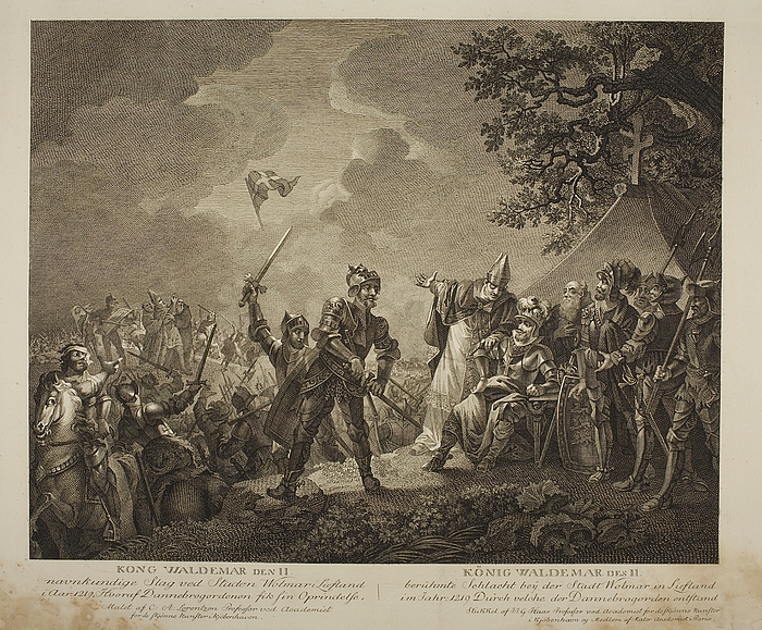 Dannebrog falder ned fra himlen under Volmerslaget ved Lyndanis 15. juni 1219