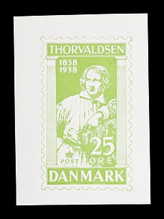 Prøvetryk af udkast til et dansk frimærke med Thorvaldsens portræt