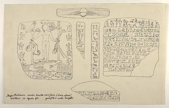 Figur stående på to krokodiller. Hieroglyffer