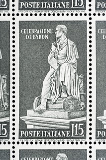Ark med 50 italienske frimærker med Thorvaldsens statue af George Gordon Byron