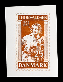 Prøvetryk af udkast til et dansk frimærke med Thorvaldsens portræt