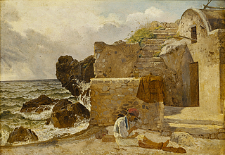 Ernst Meyer: En fisker på Capri knytter net på stranden - Copyright tilhører Thorvaldsens Museum