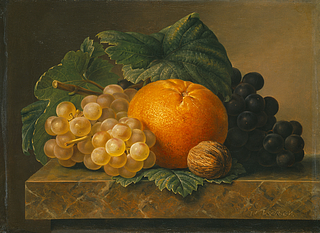 Nature morte med frugter på en marmorbordplade