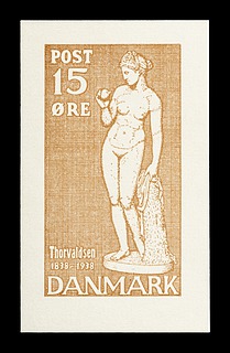 Prøvetryk af udkast til et dansk frimærke med Thorvaldsens Venus med æblet