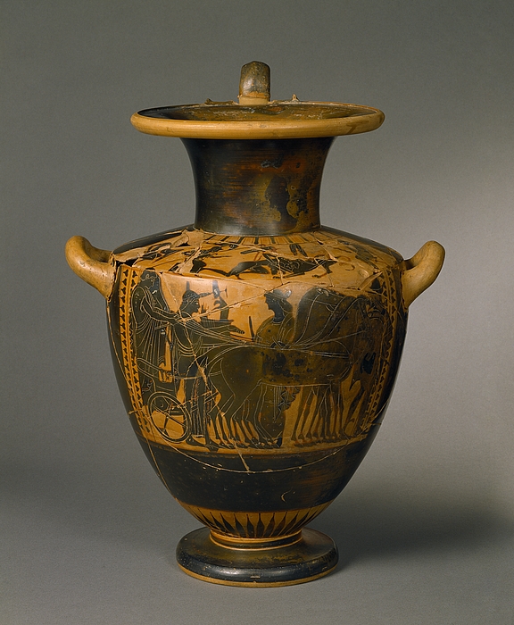 Hydria med bryllupsoptog (bug) og Herakles og den nemeiske løve (skulder). Græsk